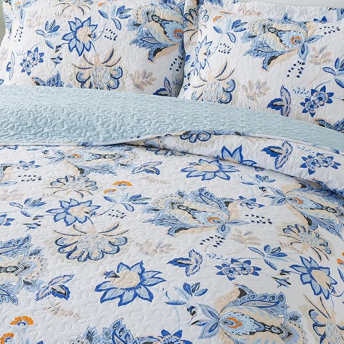 NEWLAKE Cotton Bedspread Quilt Sets-Reversible Patchwork Coverlet Set, Gorgeous Floral Pattern, King Size