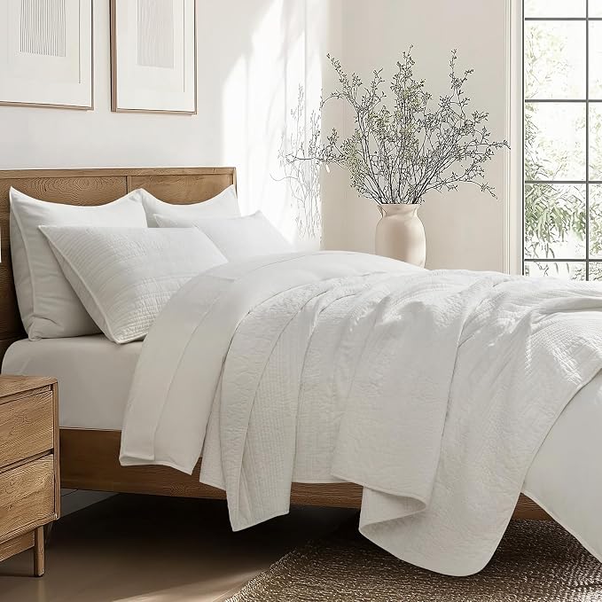 EVERGRACEHOME 100% Cotton Quilt Set Oversized Cal King, Bright White | Pre-Washed Soft Cotton, Striped Coverlet Bedspread, 3 Piece Lightweight Bedding Set for All Season, with 2 Pillow Shams