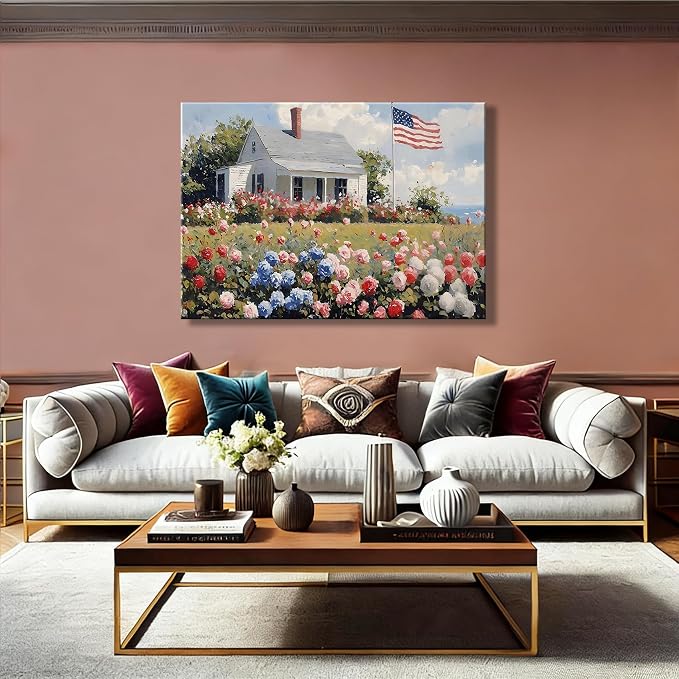 RIBNTAK Patriotic American Flag & Floral Farmhouse Canvas Wall Art, 4th of July Coastal Cottage Pictures, Wildflower Landscape, Independence Day Wall Decor for Living Room, Kitchen, Made USA