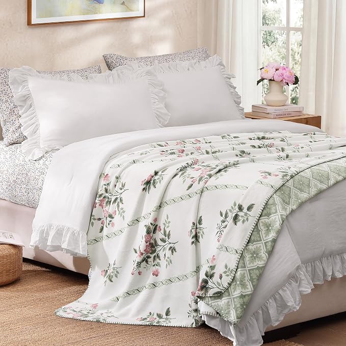 Floral Reversible Throw Blanket for Couch-Coco Flannel Soft Bed Blankets | Luxuriously Warm Fluffy Decor for Women, Mom, Her & Girls, Plush Throw for Sofa, Chair, 50x60in, Herb Green