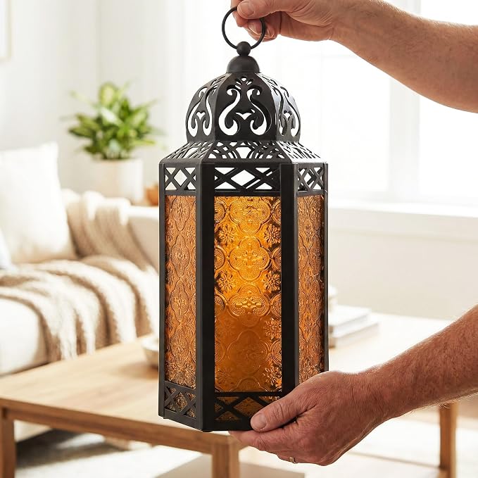 Vela Lanterns Decorative Indoor Fairy Light Halloween Holder, Amber, L | Orange Fall Decorations, Fantasy Moroccan Candle Lamp, Turkish Metal Hanging, Diwali & Eid, Porch Patio, 12" Tall