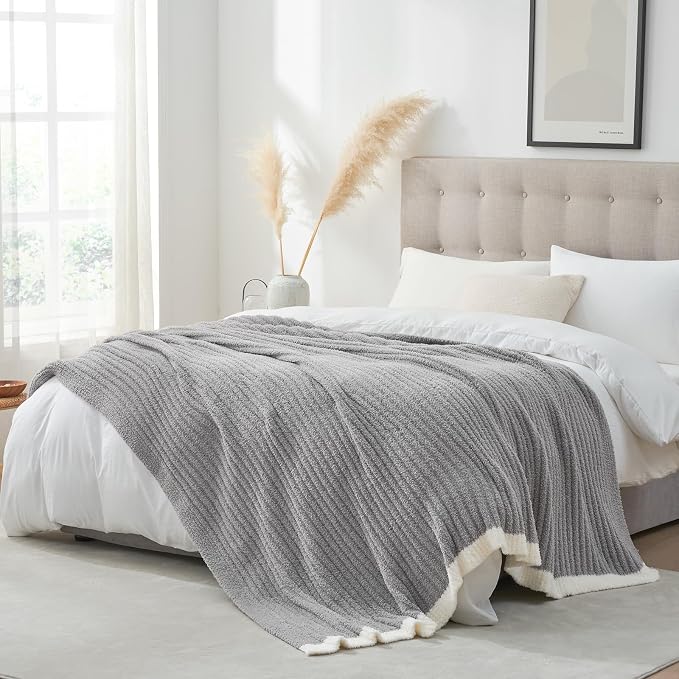 Snuggle Sac Queen Size Blue Blanket for Bed, Soft Luxurious Bedding Blankets, Large Fuzzy Plush Microfiber Blankets, Grey, 90x90 inches