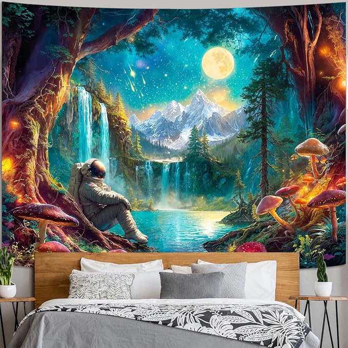 Zussun Mushroom Forest Tapestry Astronaut Nature Waterfull Snow Mountain Tapestry for Bedroom Aesthetic Fairy Moon Landscape Small Tapestries Wall Hanging for Dorm Living Room Decor 60 x 44 Inch