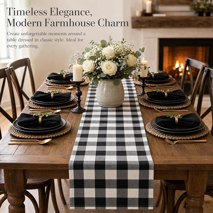 ShinyBeauty 4 Packs Black & White Plaid Table Runners 13x72”Christmas Decor | Soft & Durable Cotton, Gingham Table Runner Farmhouse Table Linen Rustic Charm, Machine Washable, for Dining Room Table Decor