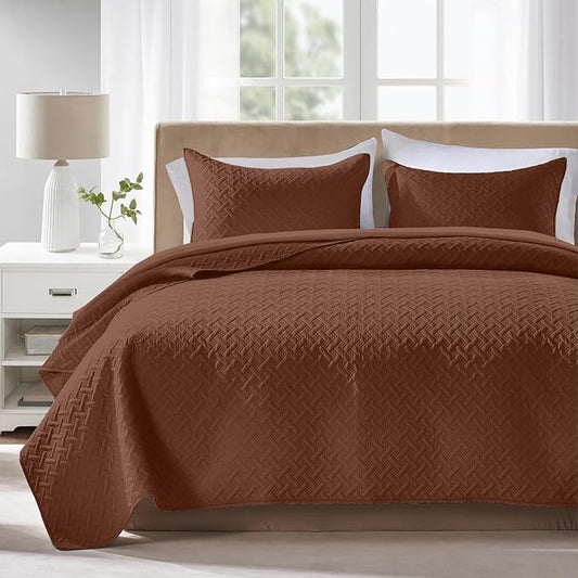 FLYMME Twin Quilt Bedding Set,Brown Lightweight Microfiber Bedspread, Modern Geometric Weave Stripe Pattern, Soft Summer & All-Season Bed Coverlet, Includes 1 Quilt & 1 Sham