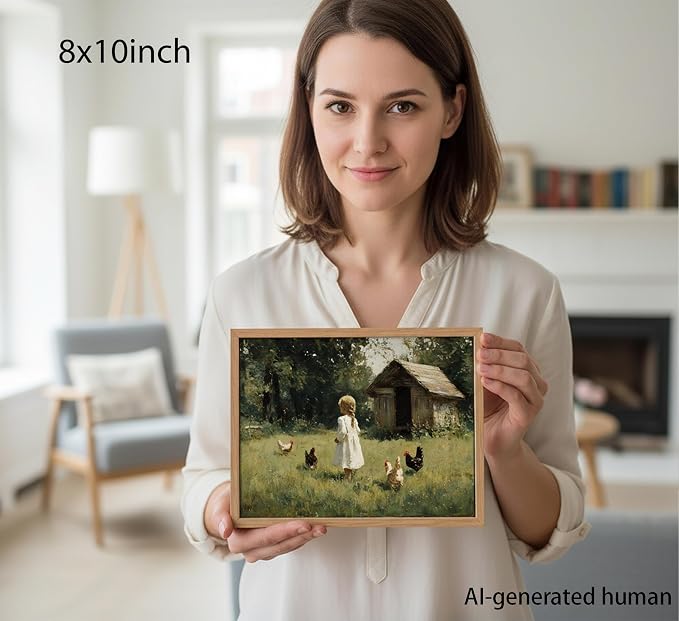 Misubvy Vintage Farmhouse Girl Canvas Wall Art,8x10in | Floating Framed- Chicken Poster Prints.Rural Cottagecore Picture,Country Painting for Bedroom Living Room Wall Decor