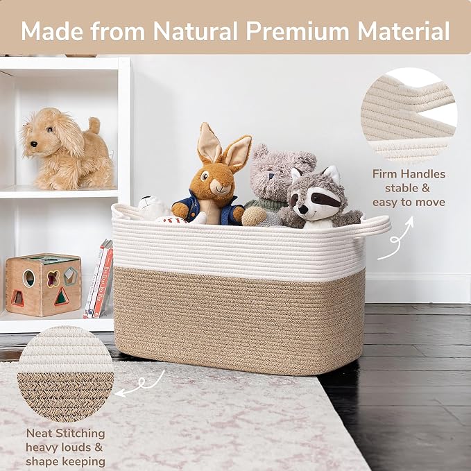 Goodpick Large Woven Blanket Basket, 21.6" x 14.9" x 11.8" Storage Baskets for Organizing, Rectangle Cotton Rope Toy Basket for Living Room, Bedroom, White & Brown (Pack of 3)