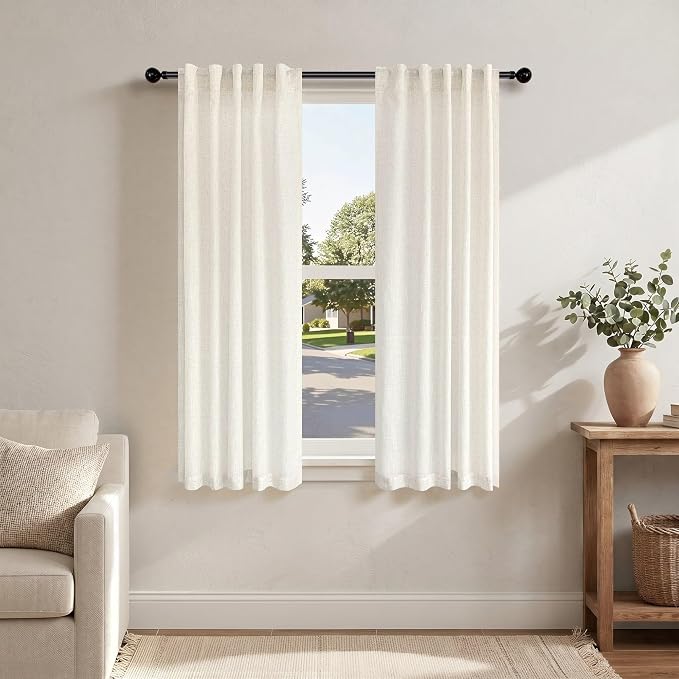 Pitalk 64 Inch Length Semi Sheer Linen Curtains for Bedroom 2 Panels Set Light Filtering Living Room Panels Farmhouse Boho Back Tab Rod Pocket Privacy Drapes for Livingroom Curtain 42 x 64 in Long