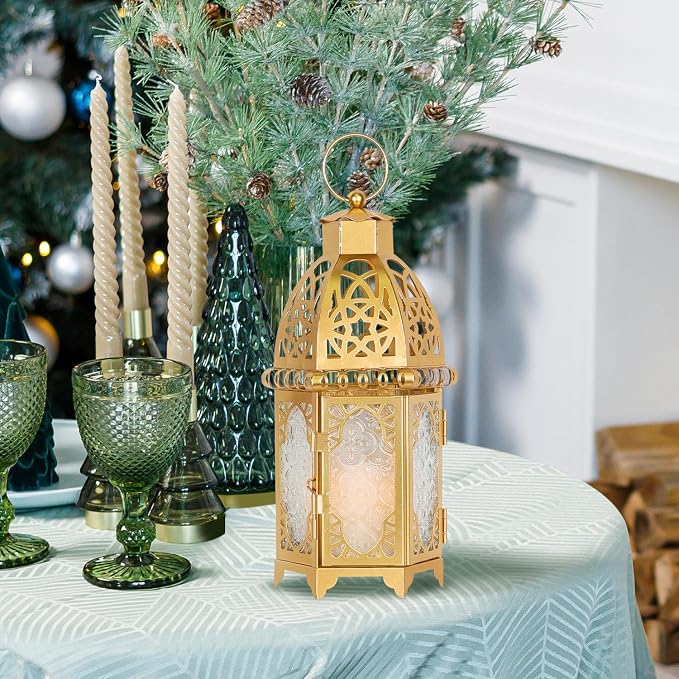 Moroccan Lanterns Decorative Indoor & Outdoor, 12.8’’ Medium Size Golden Metal Hanging&Tabletop Candle Holder Decor, Halloween Christmas Ramadan Decorations for Home Porch Patio (Golden)