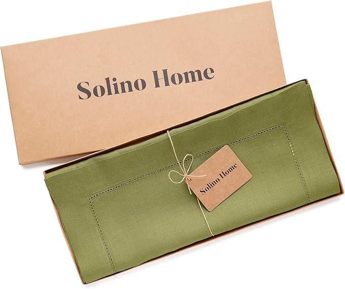 Solino Home 100% Pure Linen Dining Table Runner Avocado Woven, 14 x 72 in | Classic Hemstitch, styles dining tables for meals and celebrations, hemstitched border, mitered corners, OEKO-TEX Certified