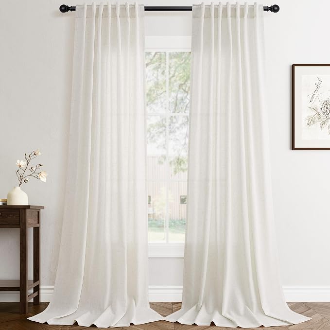 Jowels Birch Linen Curtains 84 Inch Long 2 Panels for Living Room | Natural Light Filtering Sheer Curtain,Back Tab Pocket Pleated Look,Boho Farmhouse Textured Privacy Drapes for Bedroom Window