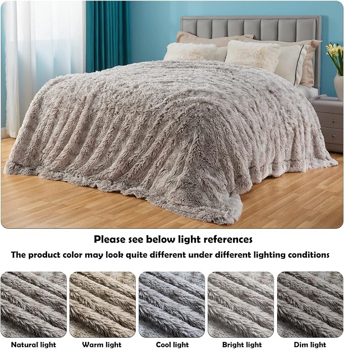 GONAAP Fuzzy Faux Fur Queen Blanket for Couch, Frosty Grey, 90"x90" | Warm Cozy Plush Shaggy Decorative Reversible Thick Non-Heated Fleece Blanket for Sofa Bed, Gift for Women Men, All Season Use