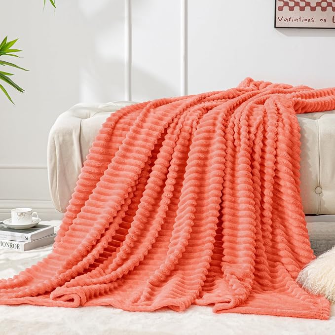 BEDELITE Ribbed Jacquard Coral Red Fleece Twin Blanket for Bed, 60x80 Inch | Soft Warm Decorative Fluffy Blanket, Cozy Plush Lightweight Fuzzy Throw Blanket for Couch Sofa Room Decor, Gift for Women