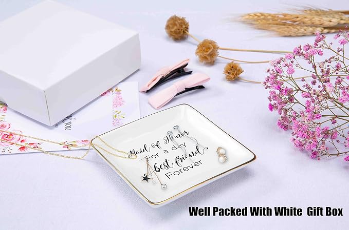 Maid of Honor for a Day Best Friend Forever -Bridesmaid Gift - Ceramic Jewelry Holder Ring Dish Trinket Tray - Bachelorette Party Gift for Maid of Honor - Wedding Gift for Her Besties Friends Women