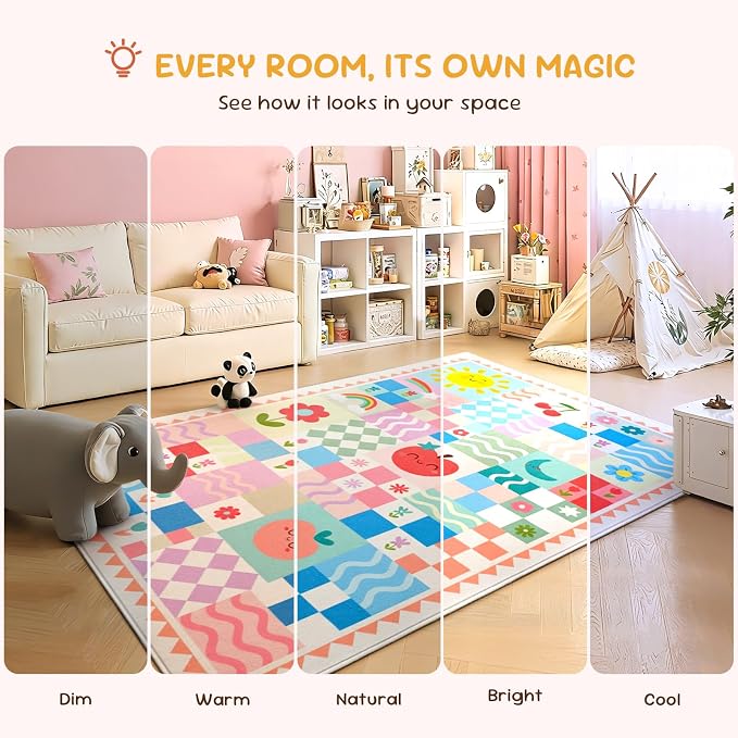Washable Pink Area Rugs for Bedroom Girls, 3x5 Soft Checkered Playroom Carpet with Cute Sun & Rainbow Fruit Design, Non-Slip Decorative Floor Mat