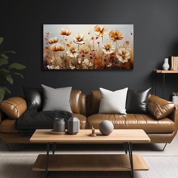 DNIEOTU Flower Wall Art for Living Room, Floral Canvas Wall-Decor for Bedroom, Beige and Brown Picture Prints for Hallway Office, Size 40 x 20 Inches