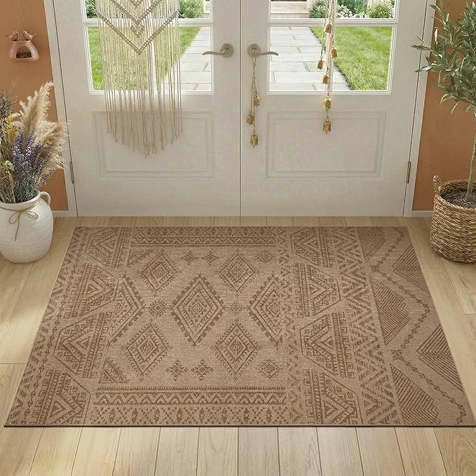 jinchan 3x5 Faux Jute Area Rug Washable Boho Entryway Rug, Natural Taupe | Southwestern Geometric, Non-Slip, Low Pile, Indoor Outdoor, Kitchen, Bathroom, Laundry Room, Porch, Balcony, Bedroom, Patio