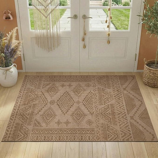 jinchan 3x5 Faux Jute Area Rug Washable Boho Entryway Rug, Natural Taupe | Southwestern Geometric, Non-Slip, Low Pile, Indoor Outdoor, Kitchen, Bathroom, Laundry Room, Porch, Balcony, Bedroom, Patio