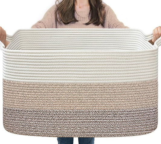 Goodpick Large Woven Rope Blanket Basket, Rectangle, Light Brown | 21.6'' x 14.9'' x 11.8'' Storage Basket for Toys, Blankets & Clothes, Living Room & Nursery Organization, Reinforced Handles