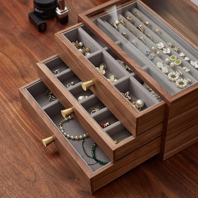 Black Walnut Jewelry Organizer, 3 Layer | Wooden Jewelry Box, For Women, For Necklaces Ring Earring