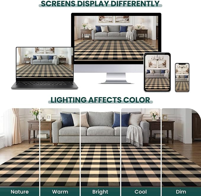 KOZYFLY Buffalo Plaid Area Rug 4 x 6 Ft Brown and Black Checkered Rug | Washable Outdoor Rugs, Cotton Front Porch Rug, Woven Front Door Rug, Indoor Carpet for Living Room Dining Room Kitchen Patio