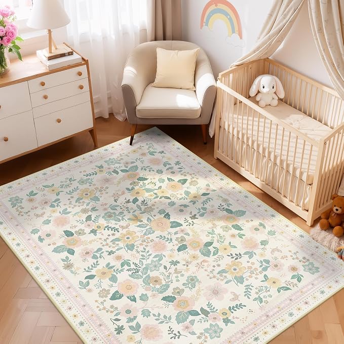 Washable Floral Area Rug for Living Room 5x7 Light Beige | Non-Slip，Vacuum-Friendly, Low Pile, Flower Carpet for Bedroom Kitchen Entryway Dining Room Office Nursery