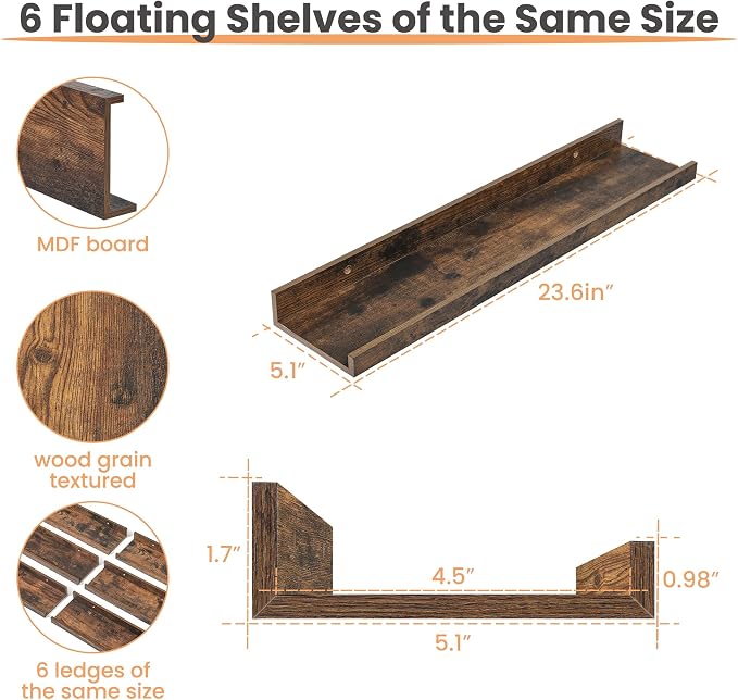 upsimples Floating Shelves for Wall Decor and Storage, Brown, 6Pcs 23.6''