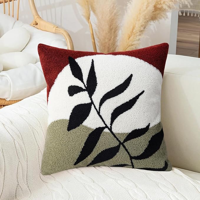 Merrycolor Boho Decorative Throw Pillow Covers 18x18 Tufted Green Decorative Pillows Covers Sun Leaf Mid Century Modern Throw Pillows for Bed Couch Sofa Living Room 1PC(Black and Red)