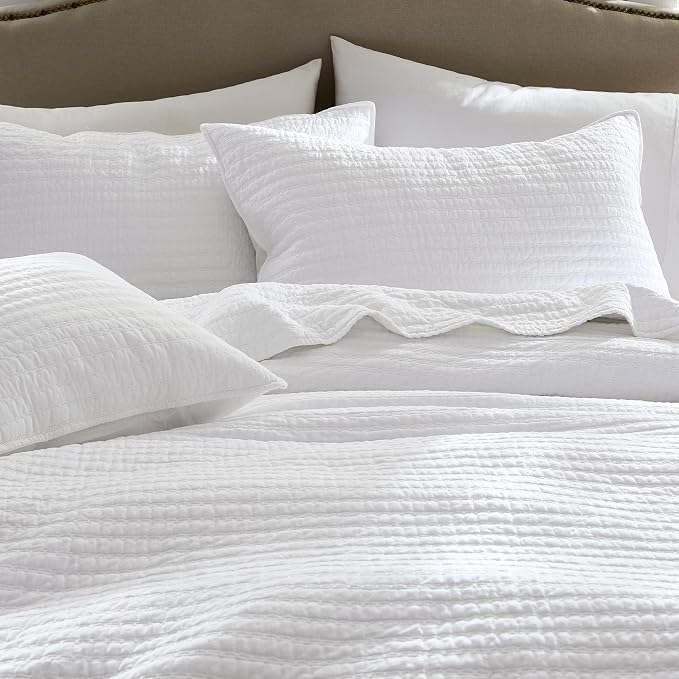 WDCOZY 100% Cotton Queen Size Quilt Set - White Striped Pick Stitch Soft Lightweight Bedspread, Textured Like Linen, Farmhouse Country Rustic Coverlet, Shabby Chic Gauze Bedding, 3 Pieces
