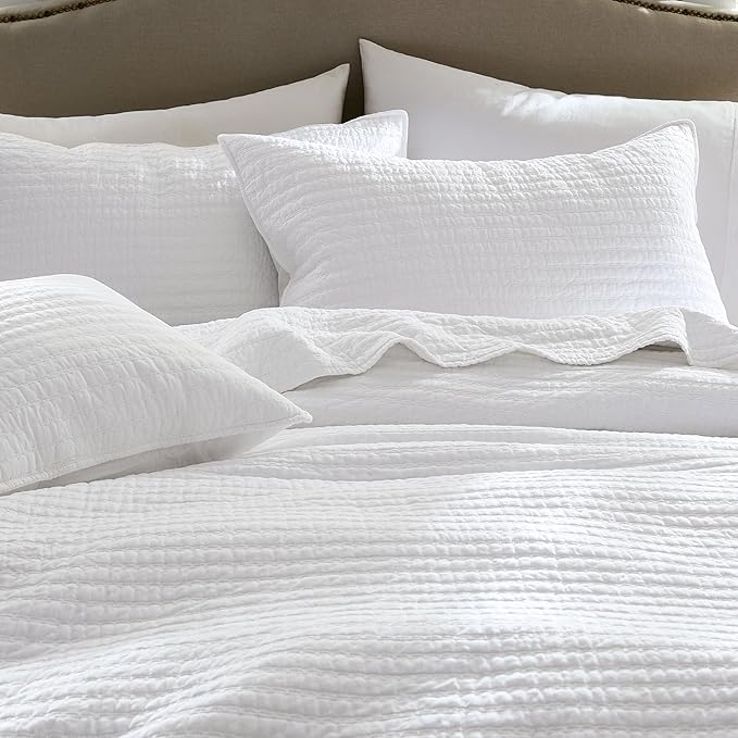 WDCOZY 100% Cotton Oversized King Size Quilt Set - White California Cal King Striped Pick Stitch Soft Lightweight Bedspread, Textured Like Linen, Farmhouse Country Rustic Coverlet, 3 Pieces