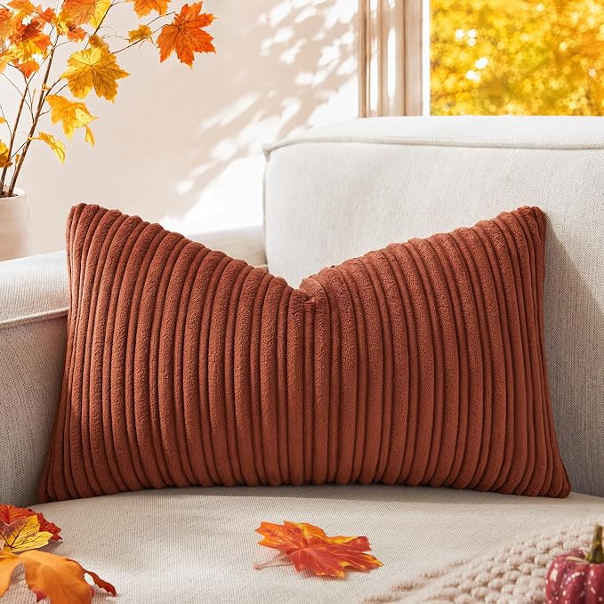 Kevin Textile Striped Corduroy 12”x20” Pillow Cover 1 Pack, Rust