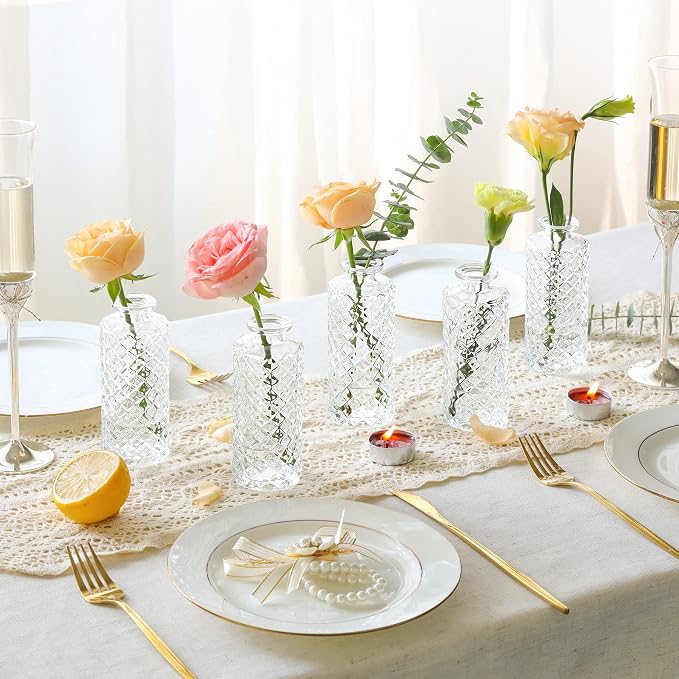 ComSaf Small Glass Bud Vases in Bulk, 6 Pack for Centerpieces, Clear | Diamond Embossed Design, Mini Flower Display, Vintage Decor, Home Accent, Table Decor, Wedding Reception, Housewarming Gift