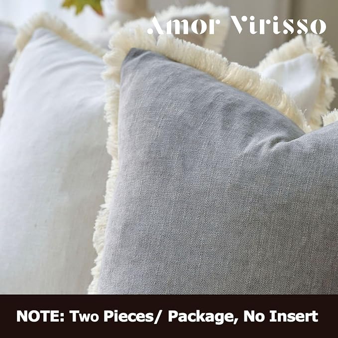 Amor Virisso Fringe Throw Pillow Covers 18x18 Set of 2 Boho Neutral Farmhouse Decorative Pillow Covers with Tassels for Couch Sofa Bed, Light Grey