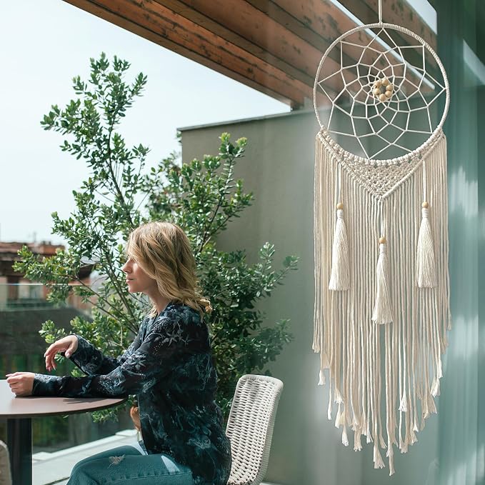 Dream Catcher Macrame Wall Hanging, Boho Decorations for Bedroom Living Room Wedding Party Home Decor, 14" Inner Dia, with 5.9ft Cotton Rope (Medium, Solid)