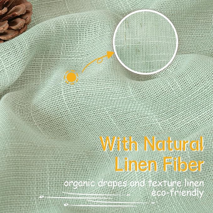 Light Green Linen Semi Sheer Curtains 40 Inch Length for Kitchen Window | Short Drapes with Rod Pocket Back Tab Textured Light Filtering for Cafe Bathroom Window Over Sink, 2 Panels, 42 X 40 Inch
