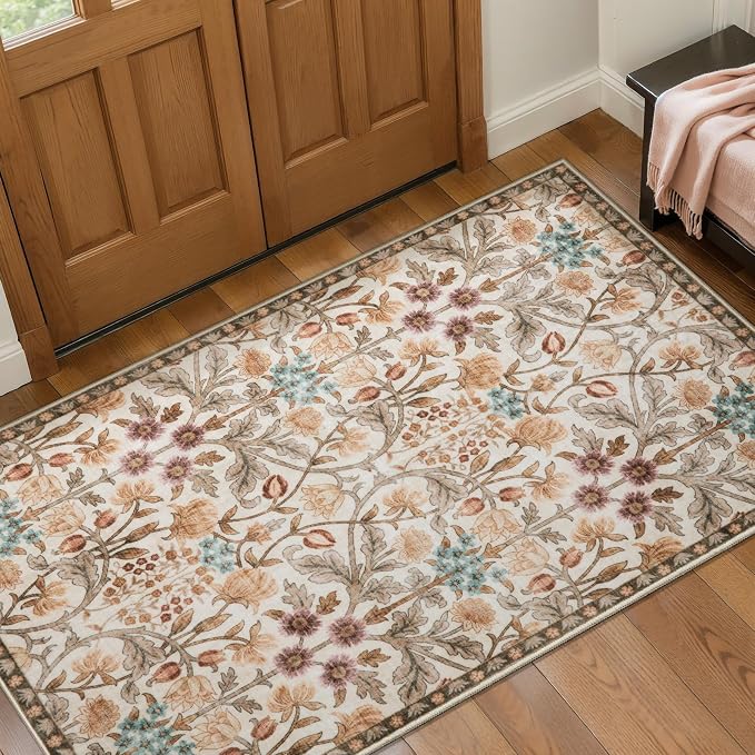 Ciicool 2x4 Small Rug for Entryway Runner Kitchen Floral Washable Area Rugs | Low Pile Soft Boho Non Slip Carpet for Entrance Hallway Laundry Bedroom Carpets