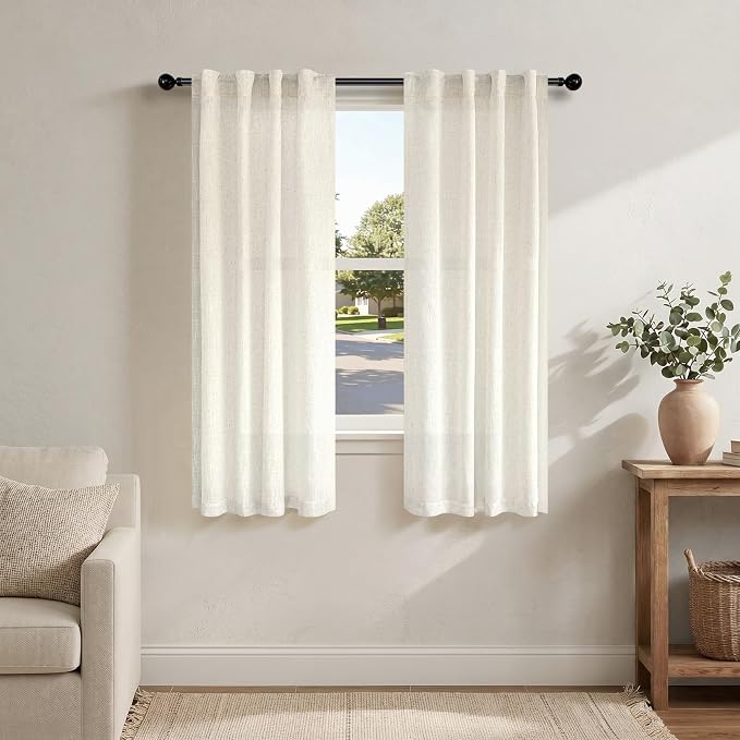 Pitalk Light Filtering Linen Curtains 72 Inch Long for Bedroom Ivory Cream Linen Textured Semi Sheer Back Tab Rod Pocket Natural Boho Drapes for Living Room 2 Panels Set 34 x 72 Length 6 FT 6FT Tall