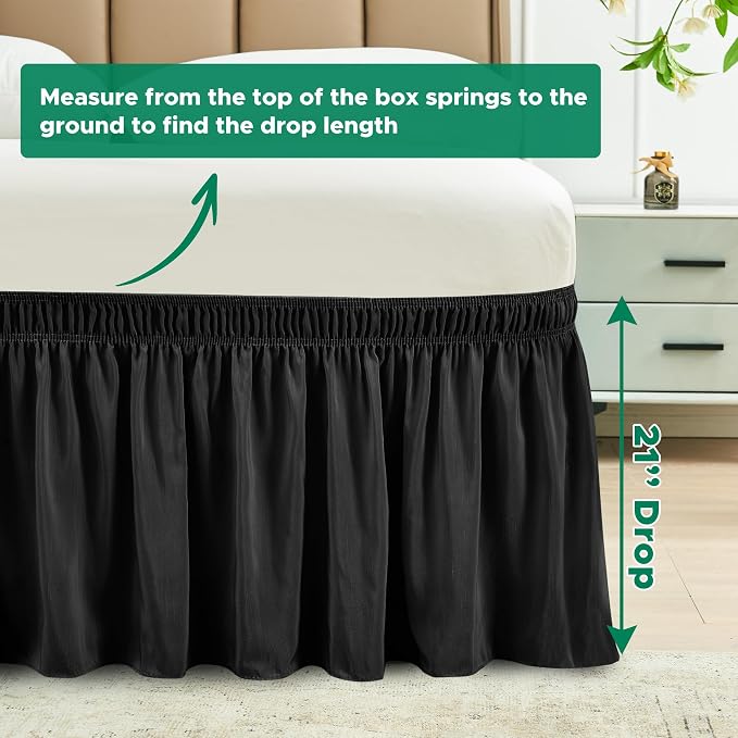 Wrap Around Queen Bed Skirt 21 Inch Drop-Elastic Long Dust Ruffle Black | Adjustable Pleated Bedskirt-Easy Fit Wrinkle Resistant Washable Hotel Quality Fabric Bed Skirting-Master Guest Bedroom Rental