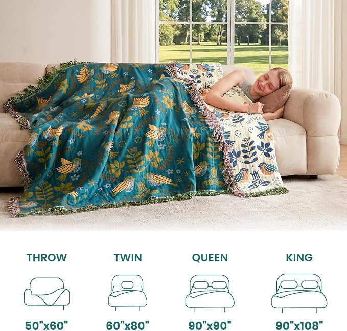 MSGKV Boho Throw Blanket 50"x60" Cotton Blanket for Couch & Living Room | 50"x60" Cotton Throw, Woven Bird Blanket, Living Room Decor, Summer Comfort, Decorative Throw, Sofa Cover, Machine Washable