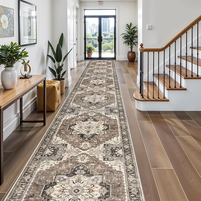 3x20 Washable Hallway Runner Rug - Hallway Rug Distressed Mats Non-Slip Soft Kitchen Room Floor Carpet for Dining Room (Beige,3x20)