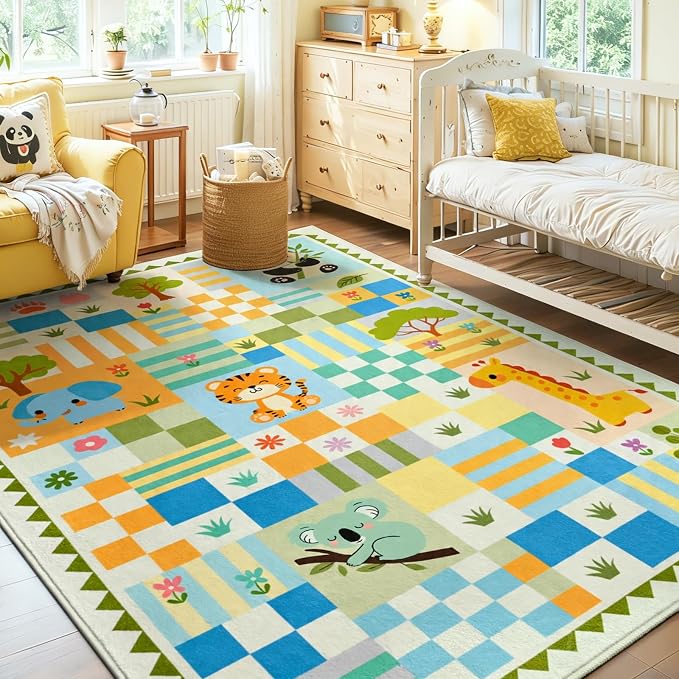 5x7 Soft Washable Playroom Rug, Non-Slip Green Safari Jungle Animal Area Rug, Cute Colorful Checkered Woodland Carpet for Girls Bedroom Decor