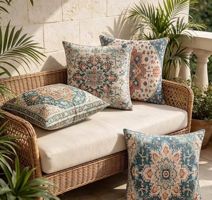 Throw Pillow Covers 20x20 Inch Set of 4 Washable BOHO Vintage Style Decorative Throw Pillow Cases Soft Velvet Square Farmhouse Decor Retro Cushion Covers for Couch Sofa Bed Living Room Outdoor