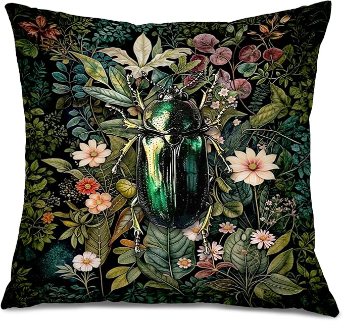 Vintage Green Botanical Beetle Pillow Covers 18x18, Dark Cottagecore Decor, Dark Academia Gothic Moody Insect Decorative Throw Pillow Covers for Home Bedroom Living Room