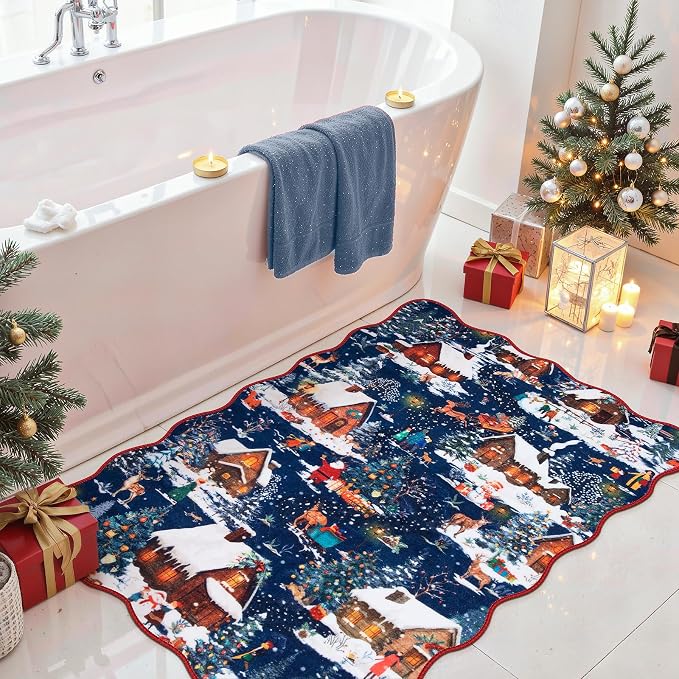 Wonnitar Christmas 2x3 Entryway Rug, Non Slip Washable Small Kitchen Rug, Low Pile Soft Christmas Village Door Mat Indoor Entrance, Xmas Throw Rug for Bathroom Bedside Holiday Decor (Blue,2'x3')