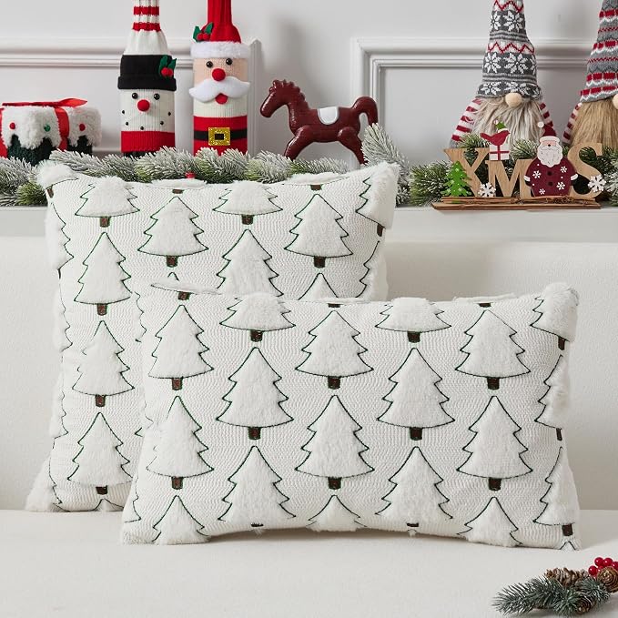 UGASA Christmas Tree Pillow Covers 20x20 Inch Set of 2 Soft Plush Faux Fur Luxury Embroidery Decoration Pillowcases for Couch Sofa Holiday Festivals Winter Xmas Gift, Cream White & Green
