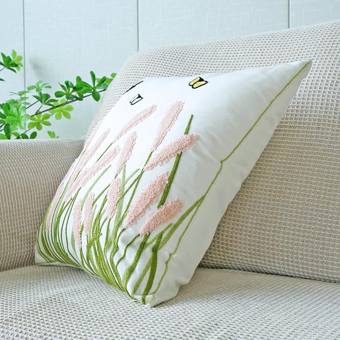 vctops Farmhouse Pampas Grass Cotton Tufted Throw Pillow Cover Boho Embroidery Pillowcase Soft Square Cushion Case for Sofa Couch Bed Chair (Light Pink,18"x18")