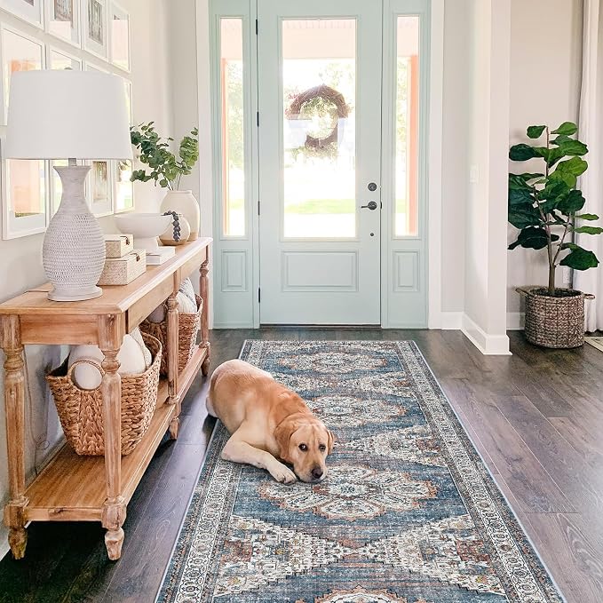 Washable Kitchen Runner Rug 2x10: Non-Slip Hallway Rugs Indoor Soft Low Pile Stain Resistant Carpet for Bedroom Laundry Entryway Ultra-Thin Vintage Home Decor Floor Mat for Bathroom (Blue, 2 x 10)