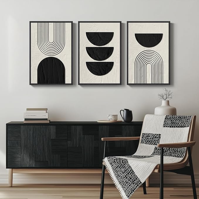 Framed Boho Black and White Abstract Wall Art Set, 3 Piece Canvas Prints | Black Beige Paintins, Modern Minimalist Artwork, Geometric Pictures, Living Room Bedroom Hallway Office Wall Decor 16x24 Inch