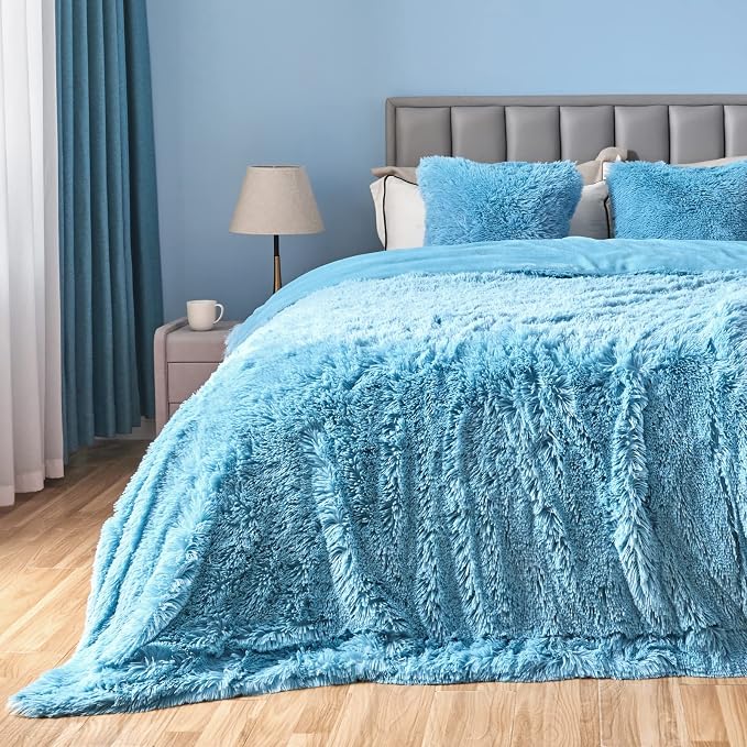 GONAAP Fuzzy Faux Fur Queen Blanket for Couch, Sky Blue, 90"x90" | Warm Cozy Plush Shaggy Decorative Reversible Thick Non-Heated Fleece Blanket for Sofa Bed, Gift for Women Men, All Season Use