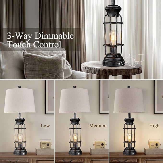 Reaketon 28" Table Lamp for Living Room with USB Charging Ports, Tall Table Lamp Set of 2,3-Way Dimmable Lamps for Bedroom, Bedside Lamp for End Tables, Industrial Nighstand Lamps,Bulbs Included